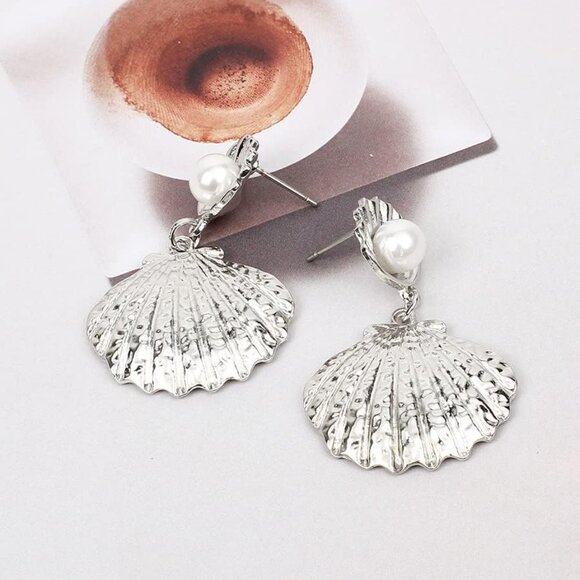 Silver Boho Shell Drop Earrings with Imitation Pearl for Women Holiday Jewelry - Picture 5 of 8